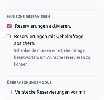 Reservierungseinstellungen in der Wunschbiber-App mit Optionen für Reservierungen, Überraschungsmodus und Geheimfrage