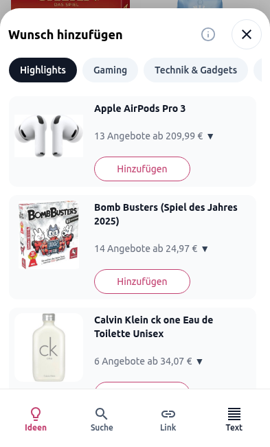 Tab Ideen im Assistenten zum Hinzufügen eines Wunsches in der Wunschbiber-App