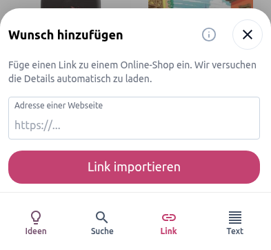 Tab Link im Assistenten zum Hinzufügen eines Wunsches in der Wunschbiber-App