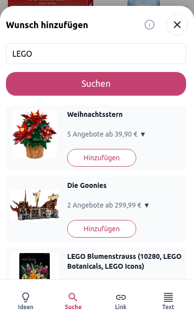 Tab Suche im Assistenten zum Hinzufügen eines Wunsches in der Wunschbiber-App