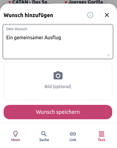 Tab Text im Assistenten zum Hinzufügen eines Wunsches in der Wunschbiber-App