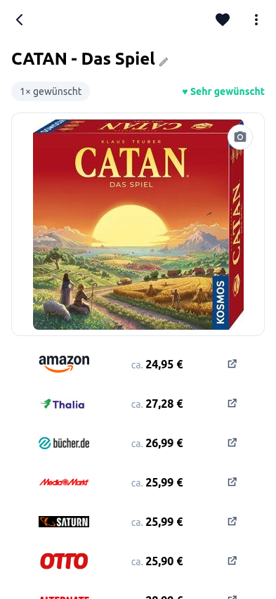Liste von Angeboten und Preisen verschiedener Online-Shops in Wunschbiber