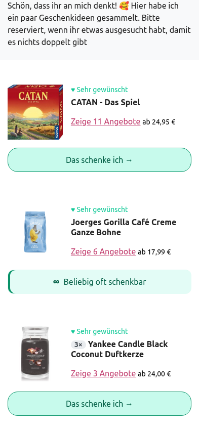 Freier Wunsch mit der Schaltfläche Das schenke ich in der geteilten Wunschliste von Wunschbiber