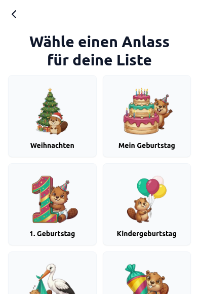 Anlassauswahl für eine neue Wunschliste in der Wunschbiber-App