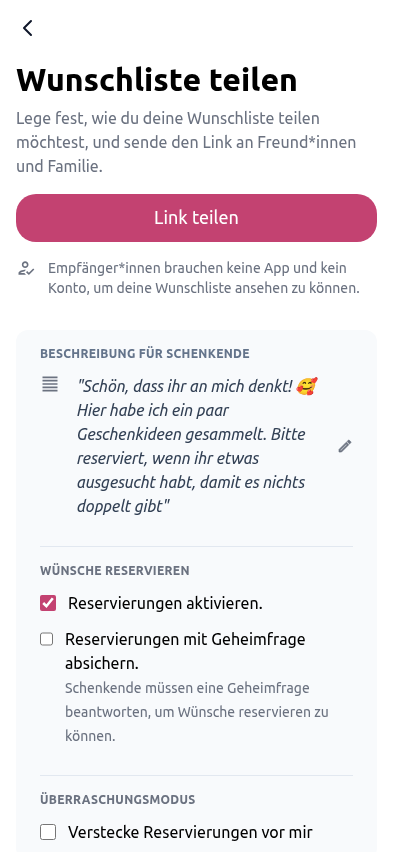 Bereich Optionen und Teilen einer Wunschliste in der Wunschbiber-App