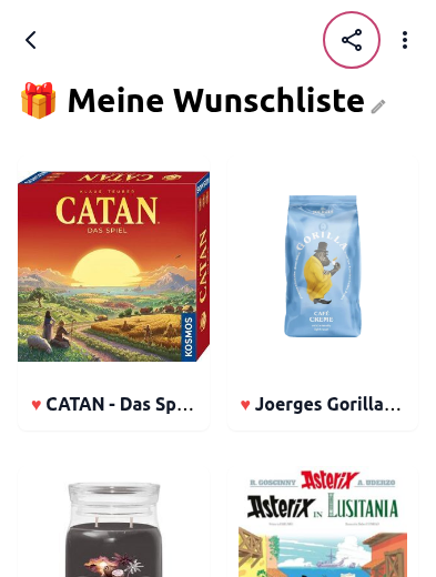 Teilen-Symbol oben rechts in einer Wunschliste der Wunschbiber-App